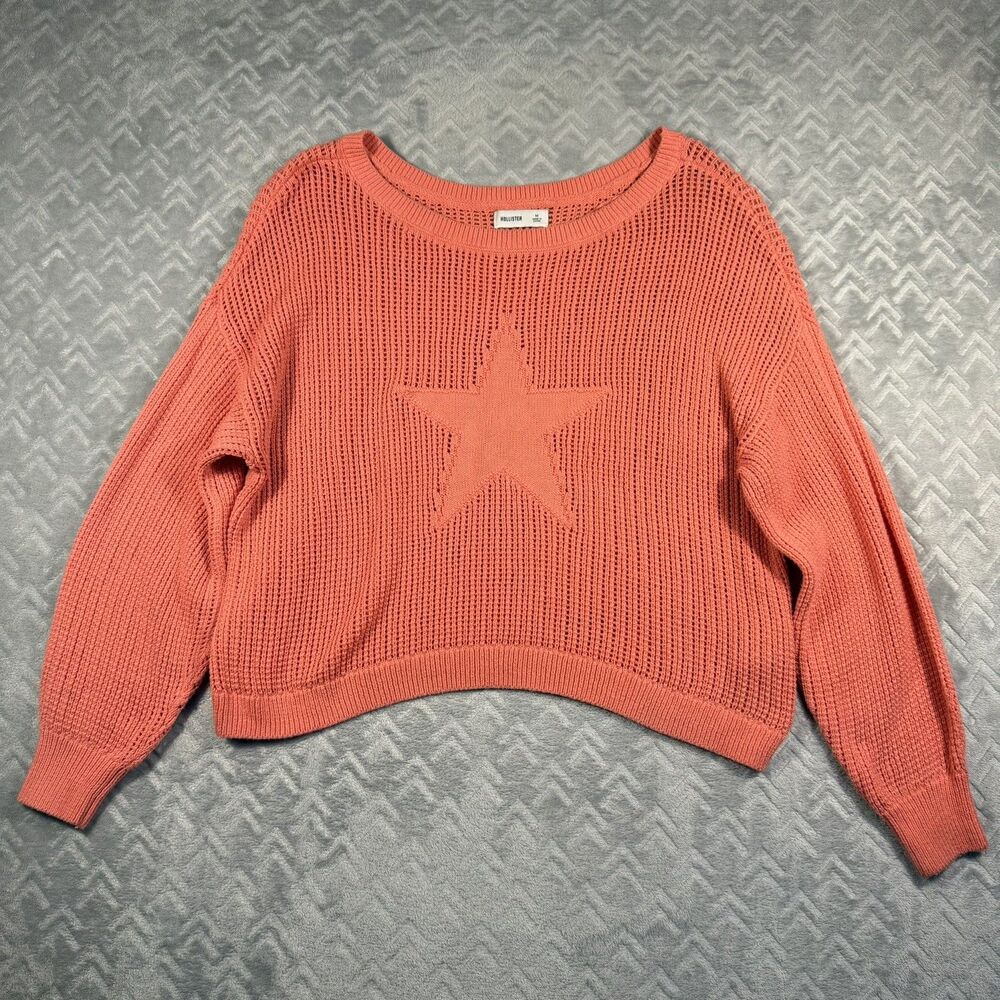 Hollister Women's Size M Coral  Waffle Knit Pullover Sweater Star Long Sleeves